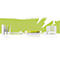 Various white office supplies with green accents against a light green background with a brushstroke effect.