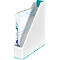 White magazine rack, with teal accents, contains a stack of annual reports.