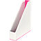 White slanted magazine rack with pink accents. Pink inside, pink edges.