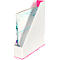 White magazine rack with pink accents. A book with the words 'Corporate Annual Report' is inside.