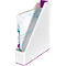 White magazine holder with purple accents. It contains a book titled Corporate Annual Report.
