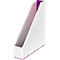 White magazine rack with purple accents, viewed diagonally from the front.