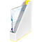 White magazine rack with yellow accents, filled with an annual report. Titles are Corporate Annual Report and Yearly Overview.