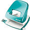 Teal colored paper punch from the brand Leitz. The lever is open, showing the white base plate.