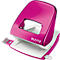 A pink hole punch from the Leitz brand. The hole punch is made of shiny plastic and has a white base.