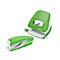 Green stapler and hole punch, Leitz brand. Both stationery items are pictured against a white background.