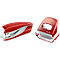 Red stapler and hole punch, white accents, brand Leitz.