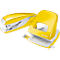 Yellow stapler and hole punch from the brand Leitz on a white background.
