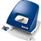 Blue Leitz paper punch. White-gray housing. The number of holes is visible on the front. The logo can be seen on the side.
