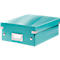 Turquoise storage box with lid and silver corners and fittings, name tag.