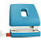 Blue and white hole punch with red lever and logo.