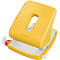 Yellow Leitz hole punch. Rectangular shape with oval hole. White lever and paper holder.
