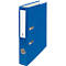 Blue binder, with white label and silver levers, stands upright.