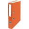 An orange ring binder with a white label and metal rings.