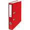 Red file folder, upright. White label with lines on the spine. Fsc logo.