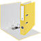 Yellow file folder, open. The inside of the left side is white, the right side stands upright. Metal mechanism.