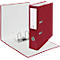 An open, red binder with white interior, metal mechanism, and label field.