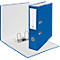 Blue binder, open, with white paper and metal levers. Label and seal on the front.