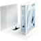 White Leitz binder with open inner side and silver mechanism. Information and the logo are printed on the outside.