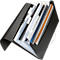 Black expanding file folder with multiple compartments and labeled dividers.