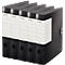 Five black file folders stand side by side. White labels with the Leitz logo are attached to the spines.