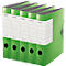 Five green folders side by side. Each folder says "LEITZ" and has a writable field. Black holes and metal closure.
