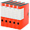 Five red Leitz binders, lined up next to each other. On each binder the Leitz logo and a label with lettering can be seen.