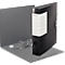 A black Leitz binder stands open. The gray inside can be seen, with ring mechanism. A white label with lettering is attached.