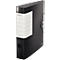 Black Leitz binder, side view with white label. The binder has a metal ring and a hole.