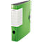 Green Leitz file folder, with a white label and black edge.