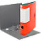 A red Leitz binder stands open on a gray surface. The binder has a white label with lettering.