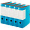 Five blue file folders with white labels, the "LEITZ" logo visible.