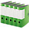 Five green lever arch files with white labels, the "LEITZ" logo is visible.