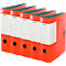 Five orange Leitz binders stand side by side. Labels with the Leitz logo can be seen on the front.