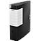 Black Leitz file folder with white label and company logo. A gray metal ring is visible on the spine.