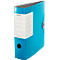 Turquoise Leitz file folder with white label, black hole and gray holder.