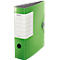 Green Leitz file box with white label and black hole.