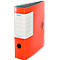 Red Leitz file folder with a large white label. A gray clasp on the side.