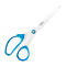 White scissors with blue handles, Leitz brand.