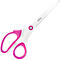 White scissors with pink handles. The blades are silver, with the Leitz logo.
