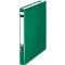 Green binder, half open, with white label and metal ring.