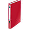 Red Leitz file binder with white label and black hole.