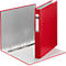 Open red binder with silver rings and a white label.