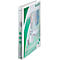 White binder with green logo and lettering. It shows the contents and design of the folders. "LEITZ" is written on the binder.