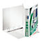 White Leitz binder, open. Left, the interior with metal rings. Right, the exterior with green and white lettering.