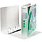 White binder, open, with metal rings. The right side shows the green packaging with logos and product information.