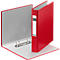 A red binder, opened and slightly angled. The binder has a white label and silver rings.