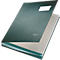 Open dark green presentation folder. A white label, the brand name 'Leitz'.
