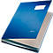 Blue Leitz folder, opened, with white label. On a light background.