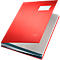 Red file folder half open, with name field. Inside light grey pages, dark blue dividers.